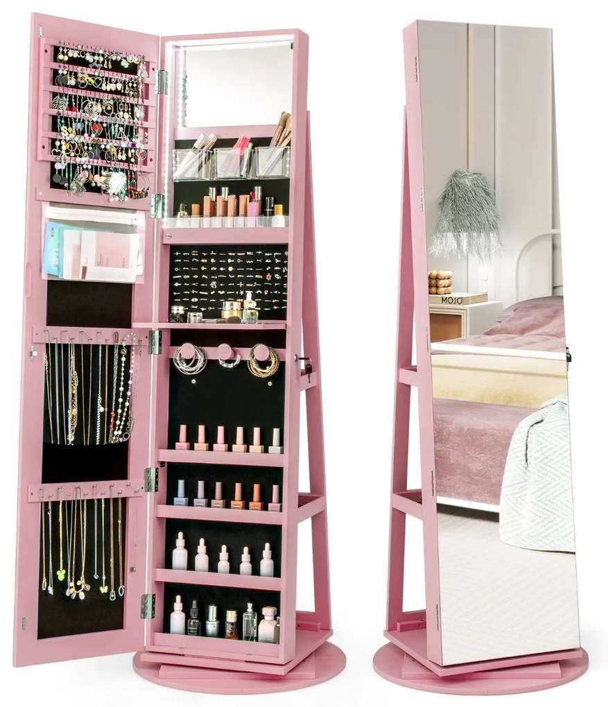 Armário joias giratório 360° com luzes LED Espelho de corpo inteiro Prateleiras de armazenamento 54,5 x 161 cm Rosa
