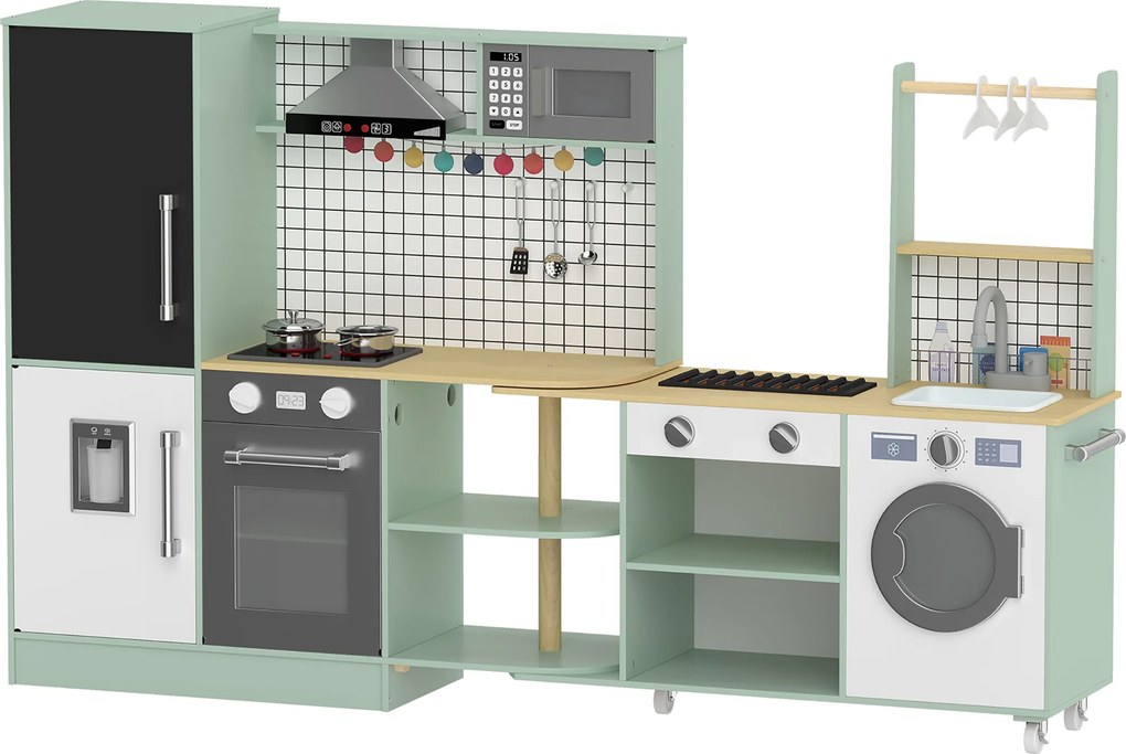 Cozinha infantil de brincar 160 x 32 x 97,5 cm, micro-ondas, forno, tabuleiro giratório com Rodas, verde claro