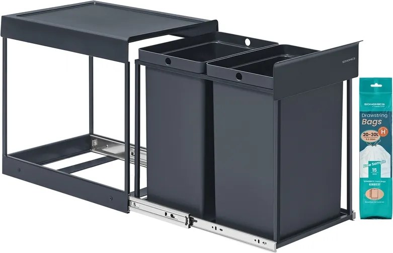 Caixote do lixo encastrar 48,6 x 32,4 x 44 cm com dois compartimentos e sistema de separação de resíduos extraível cinzento