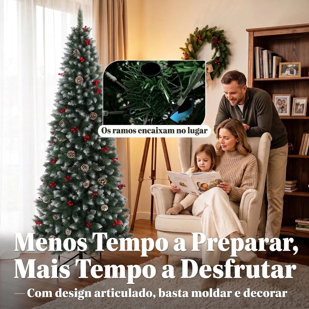 Árvore de Natal Nevada Tipo Lápis 210 cm Estreita com Bagas Vermelhas, Pinhas e 818 Pontas Verde