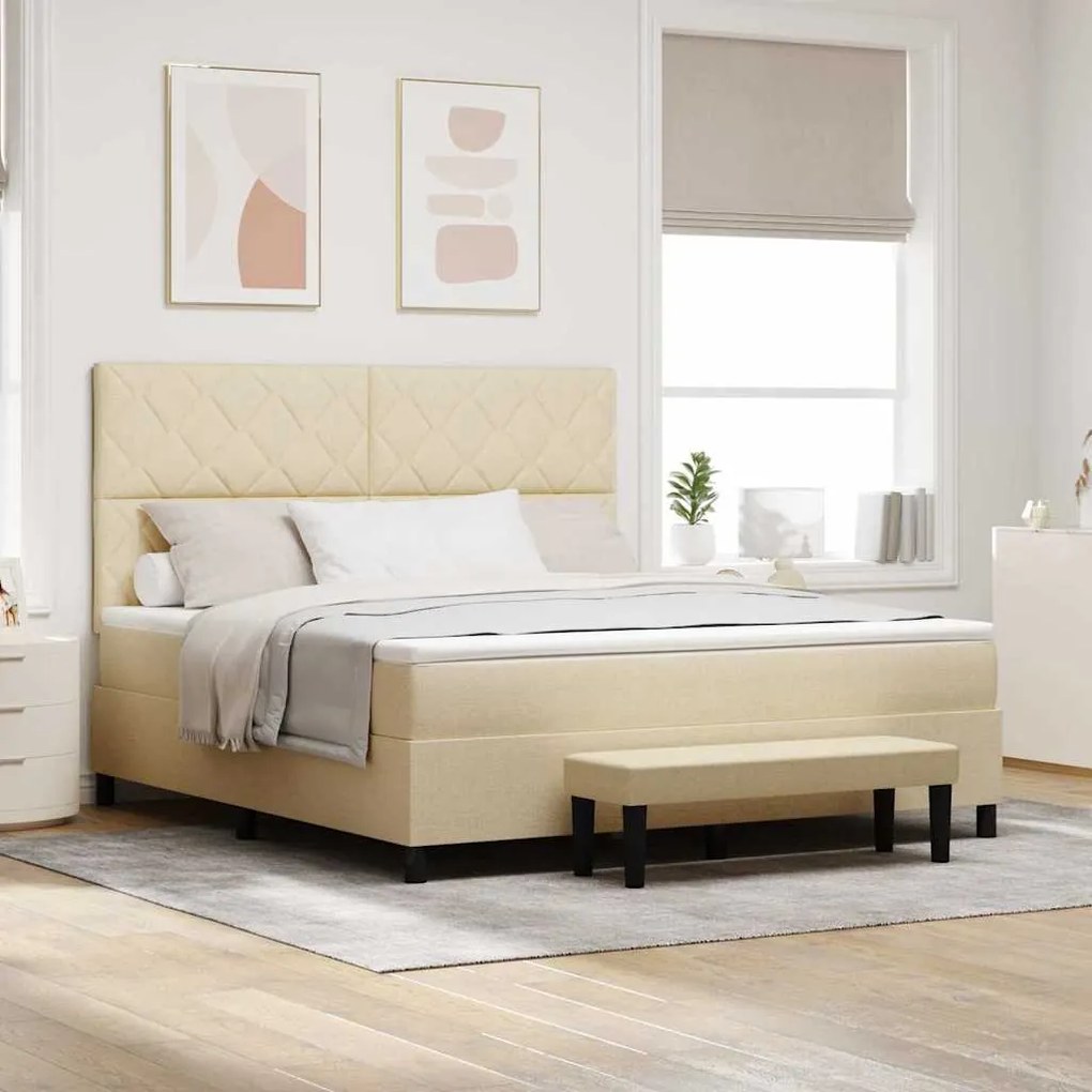 Cama com Estrutura Box com Colchão e Banco Creme 180x200 cm Tecido