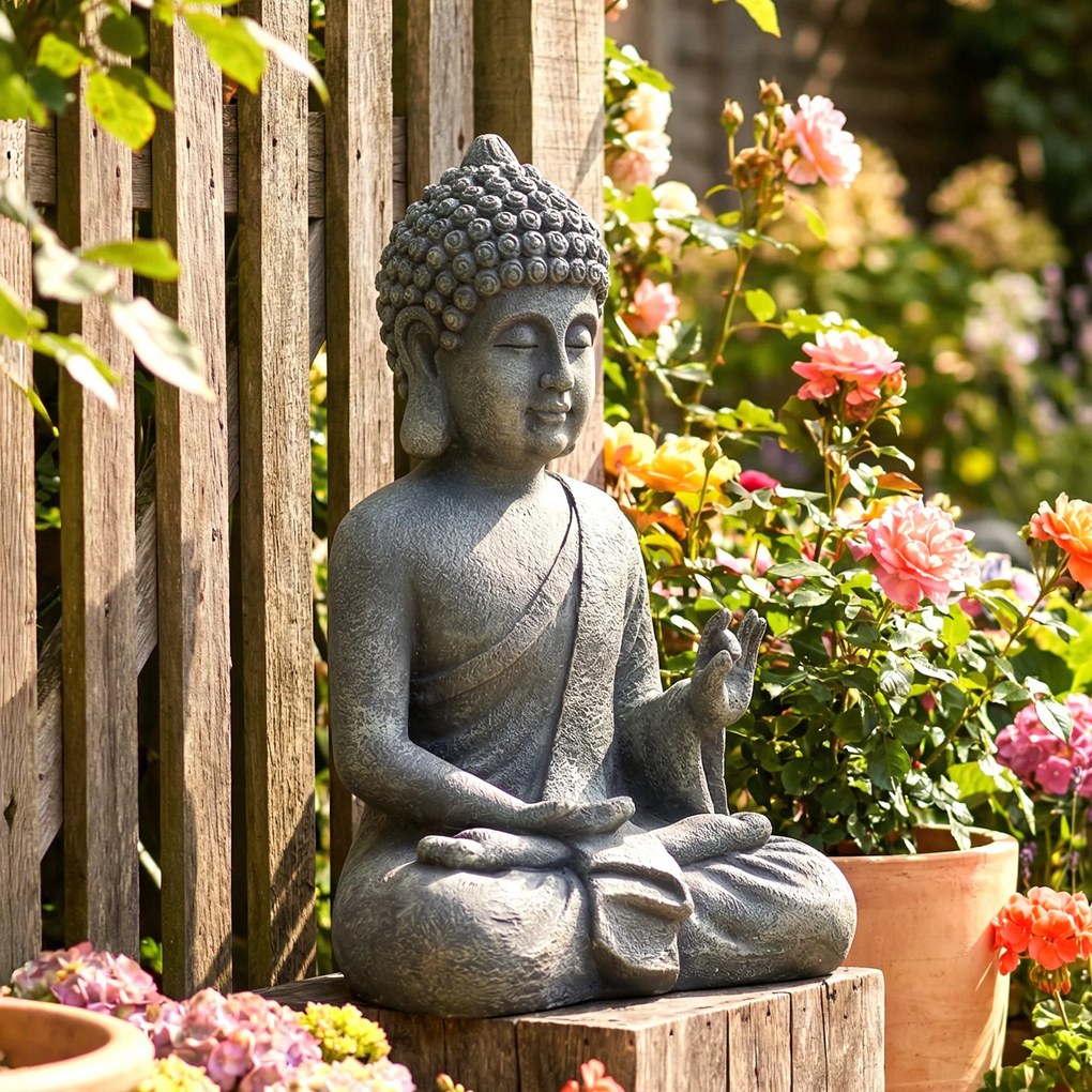 Estátua de jardim  32 x 23 x 51 cm, escultura de Buda sentado em óxido de magnésio, decoração espiritual, cinzento escuro