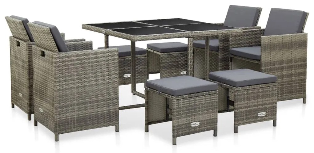 vidaXL 9 pcs conjunto jantar exterior c/ almofadões vime PE cinzento