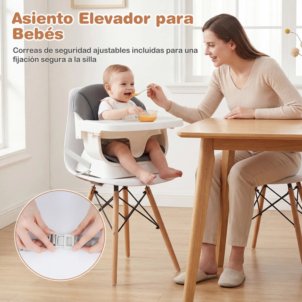 Cadeira de refeição evolutiva para bebés com tabuleiro e almofada removíveis, arnês de 5 pontos, pernas em madeira, banquinho portátil para 6-36 meses