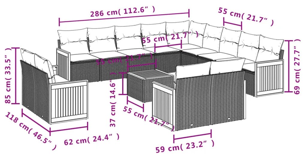 14 pcs conjunto de sofás p/ jardim com almofadões vime PE bege