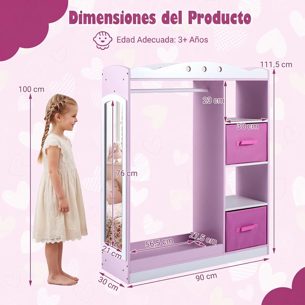 Guarda roupa Infantil com Espelho, 90 x 30 x 111,5 cm, com Gavetas e Prateleiras, Rosa