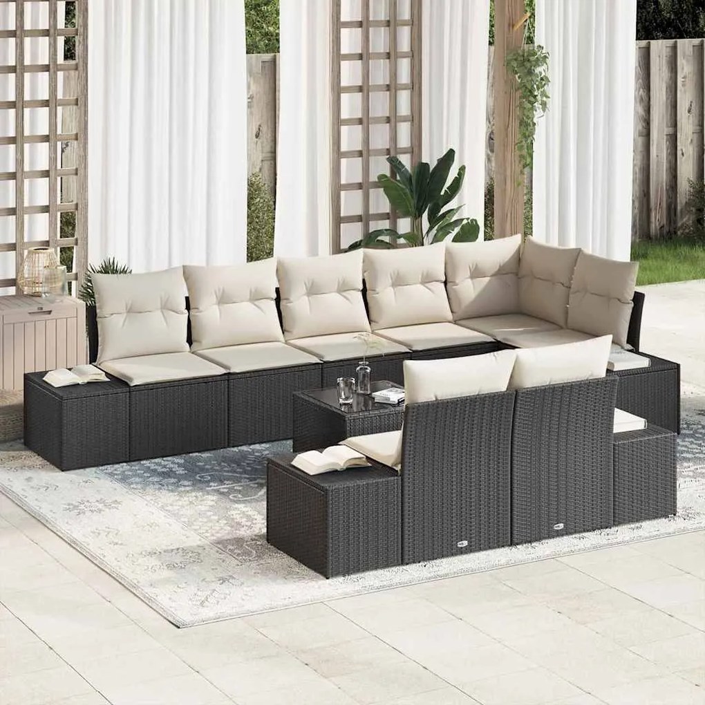 vidaXL Conjunto de Sofá de Jardim 9 pcs Preto e Creme vime PE