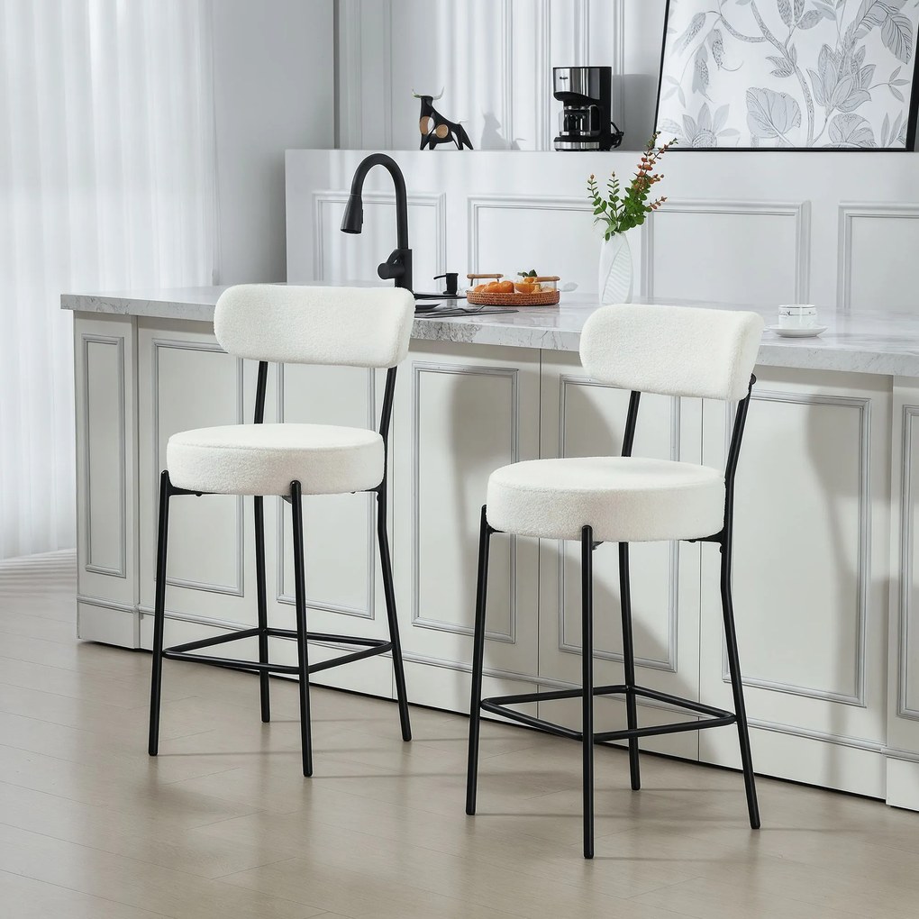 Conjunto de 2 bancos de bar em tecido felpudo, bancos de bar com encosto curvo e apoio para os pés, 49 x 52 x 95 cm, creme
