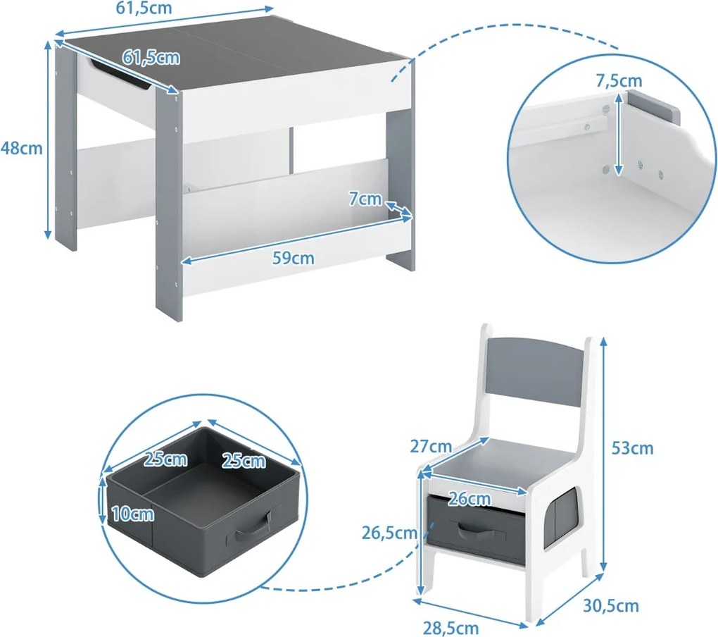 Conjunto de mesa e cadeira para crianças 4 em 1 Mesa de atividades para crianças com painéis dupla face e prateleiras laterais 2 cadeiras Branco + Cin