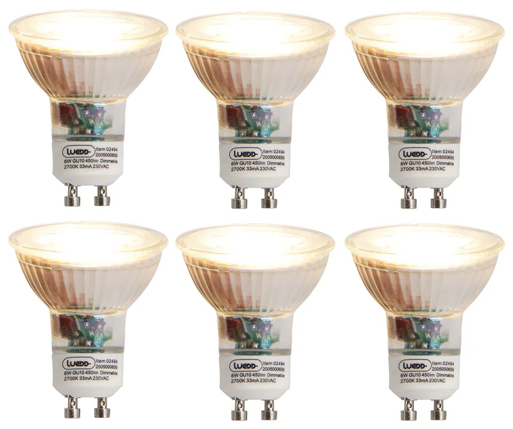 Conjunto de 6 lâmpadas LED reguláveis GU10 6W 450 lm 2700K