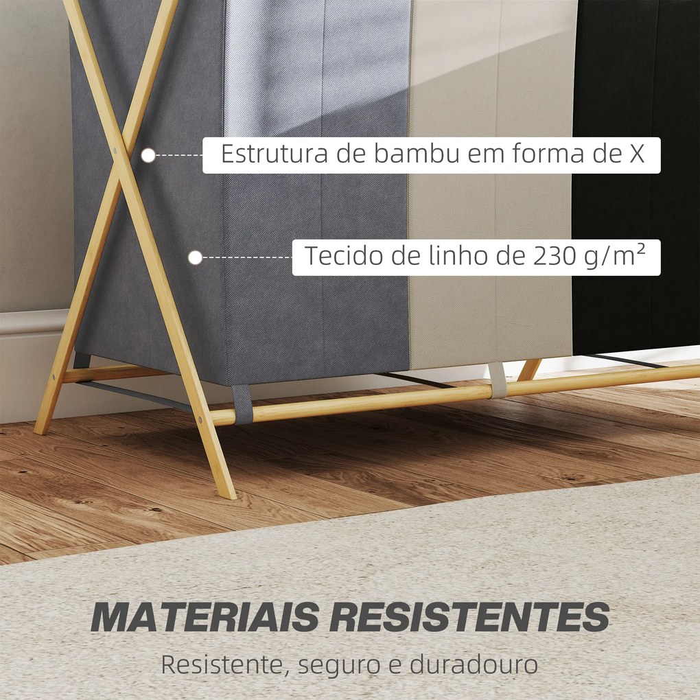 Cesto para Roupa Suja Dobrável com 3 Compartimentos Capacidade 129L com Estrutura de Bambu e Sacos Removíveis Multicolor