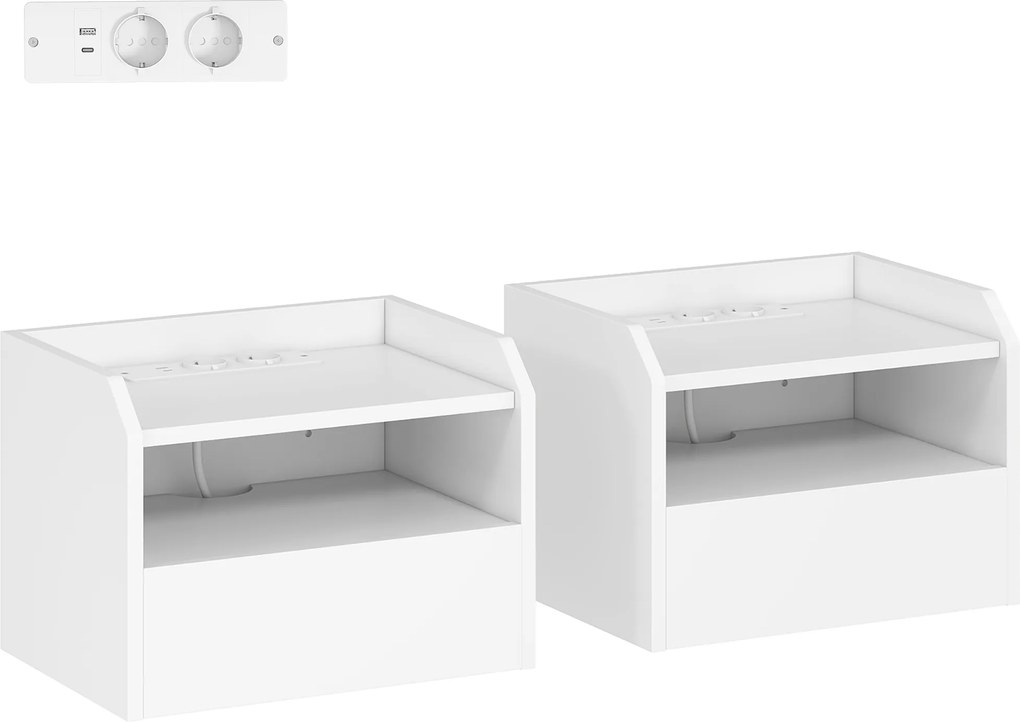 HOMCOM Conjunto de 2 Mesas de Cabeceira Flutuantes com Estação de Carregamento Gaveta Prateleira Aberta Estilo Moderno 40x29x29 cm Branco | Aosom Portugal