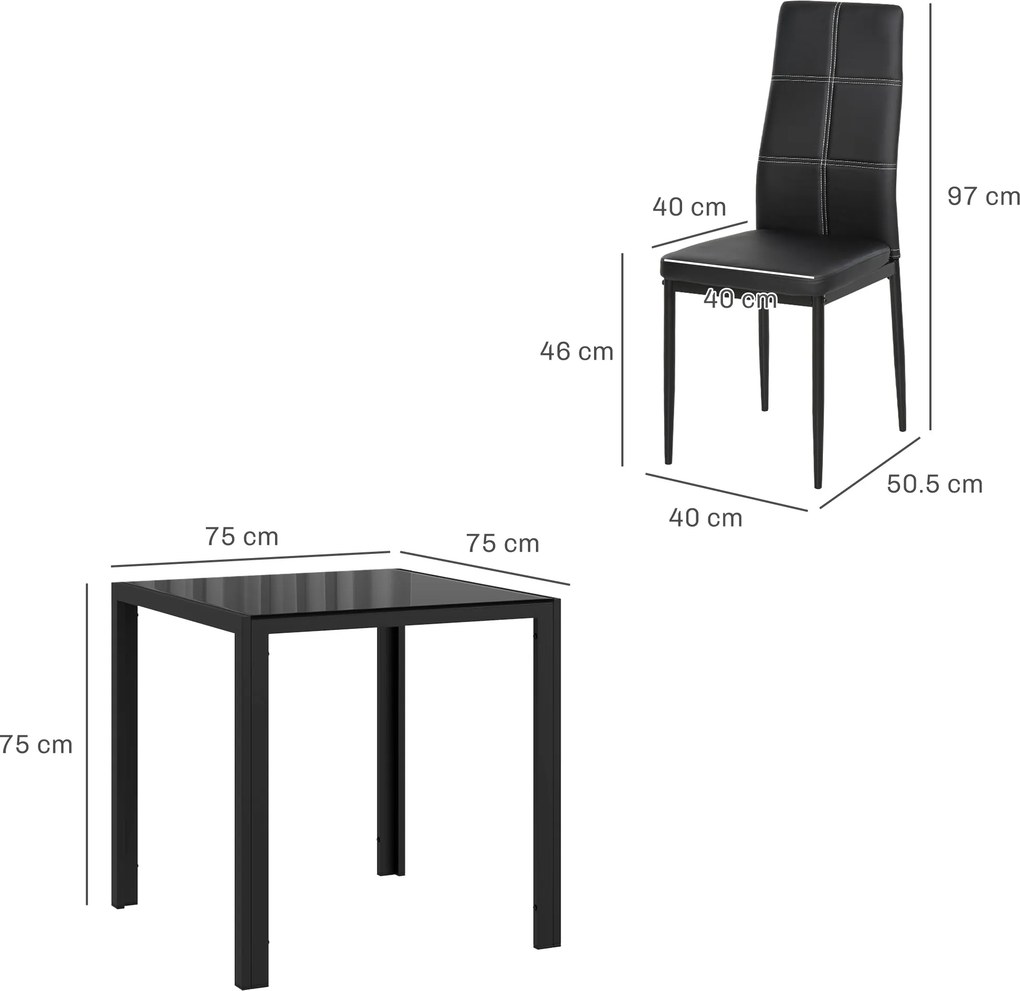 Conjunto de mesa de jantar e cadeiras para 2 pessoas, tampo retangular em vidro, para cozinha, sala de estar e casa, preto