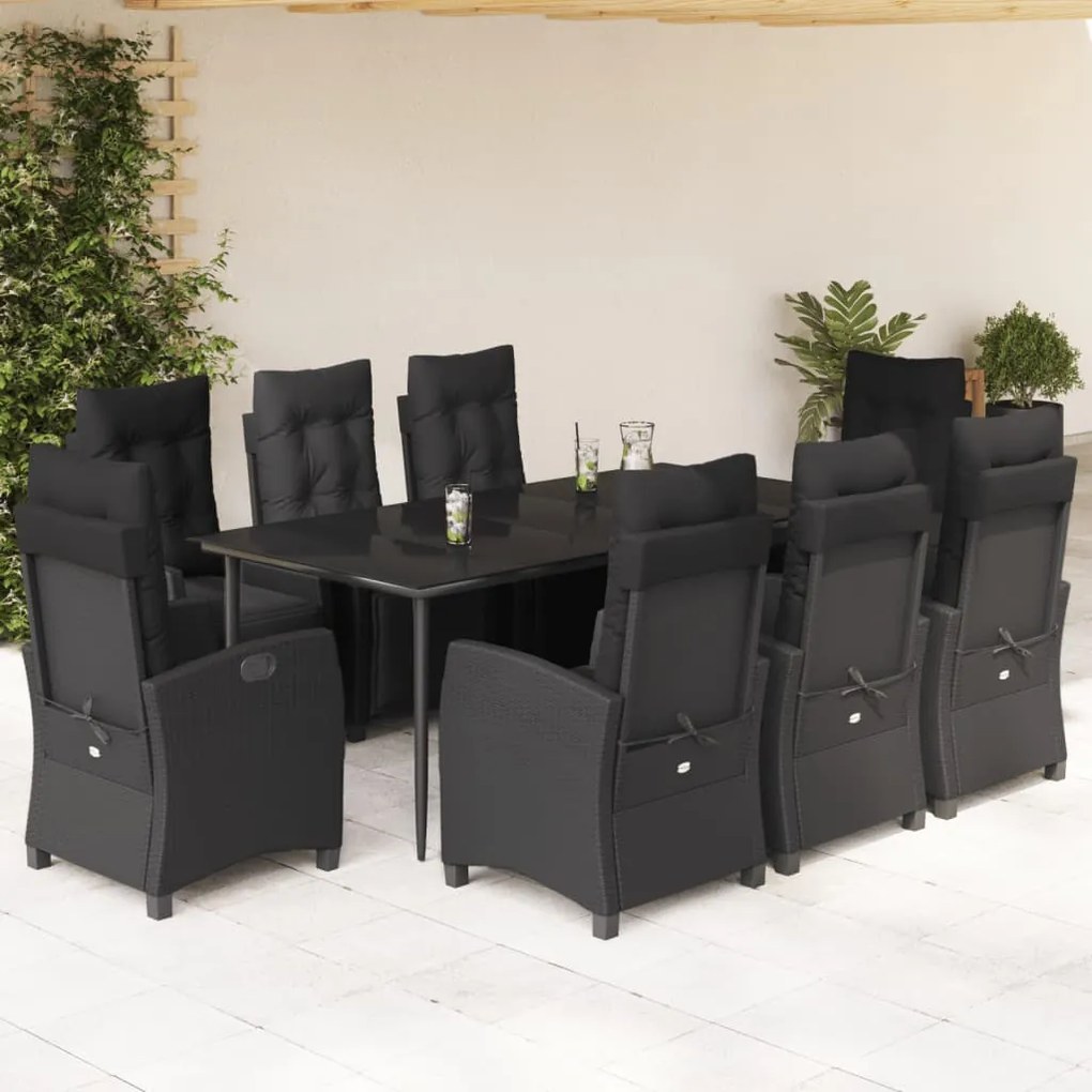 9 pcs conjunto de jantar p/ jardim c/ almofadões vime PE preto