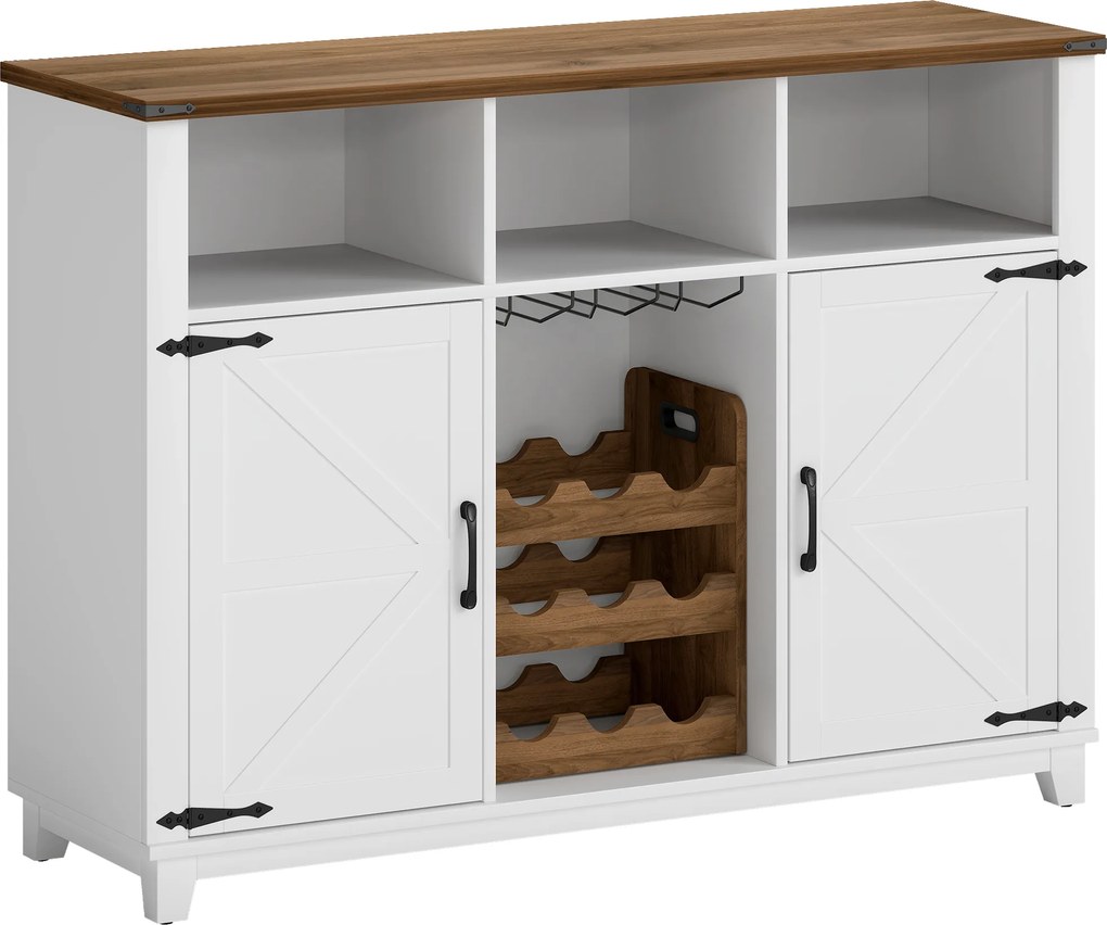 HOMCOM Aparador de Cozinha Rústico com Prateleiras Ajustáveis e Suporte para Garrafas 120x37x88 cm Branco | Aosom Portugal