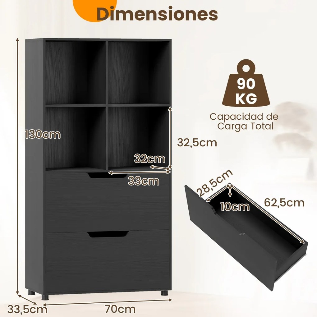 Estante com 4 cubos 70 x 33,5 x 130 cm com 2 gavetas com 5 níveis Design moderno em madeira para sala ou escritório Preto