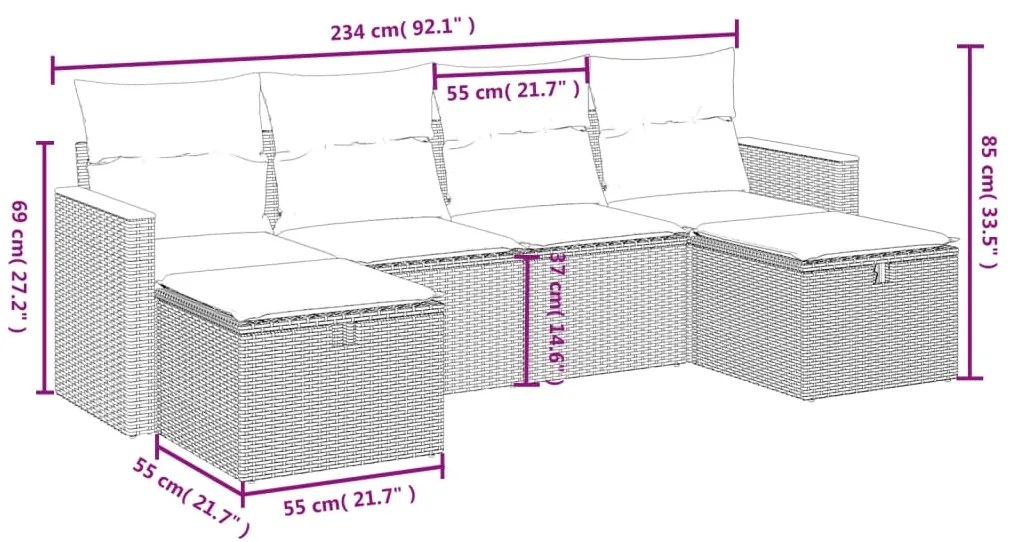 6 pcs conjunto sofás de jardim c/ almofadões vime PE preto