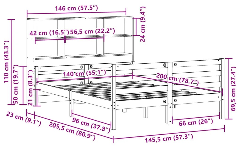 Cama com estante sem colchão 140x200 cm pinho maciço