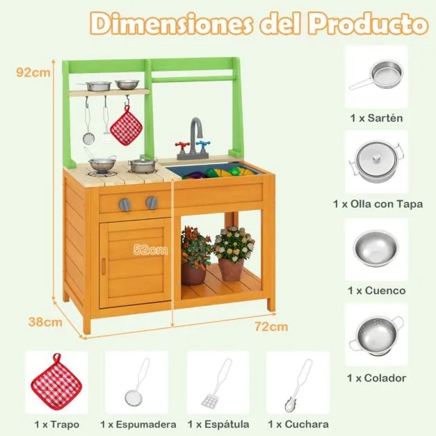 Cozinha para crianças ao ar livre 72 × 38 × 92 cm com fogões realistas, torneira, lava-louça, forno e acessórios de cozinha verde e amarelo