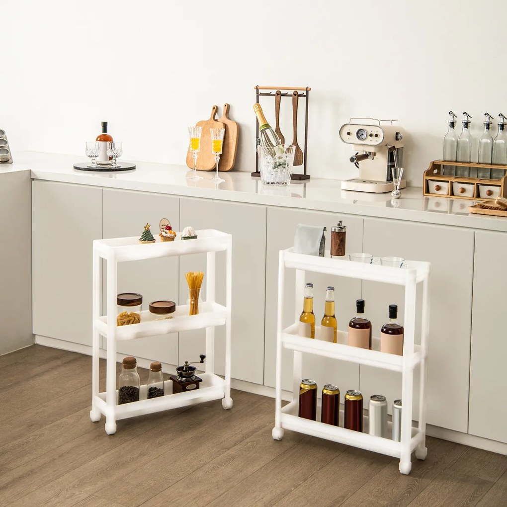Conjunto de 2 carrinhos de armazenamento com rodas Carrinho deslizante estreito de 3 camadas para banheiro cozinha 53 x 17,5 x 70 cm branco