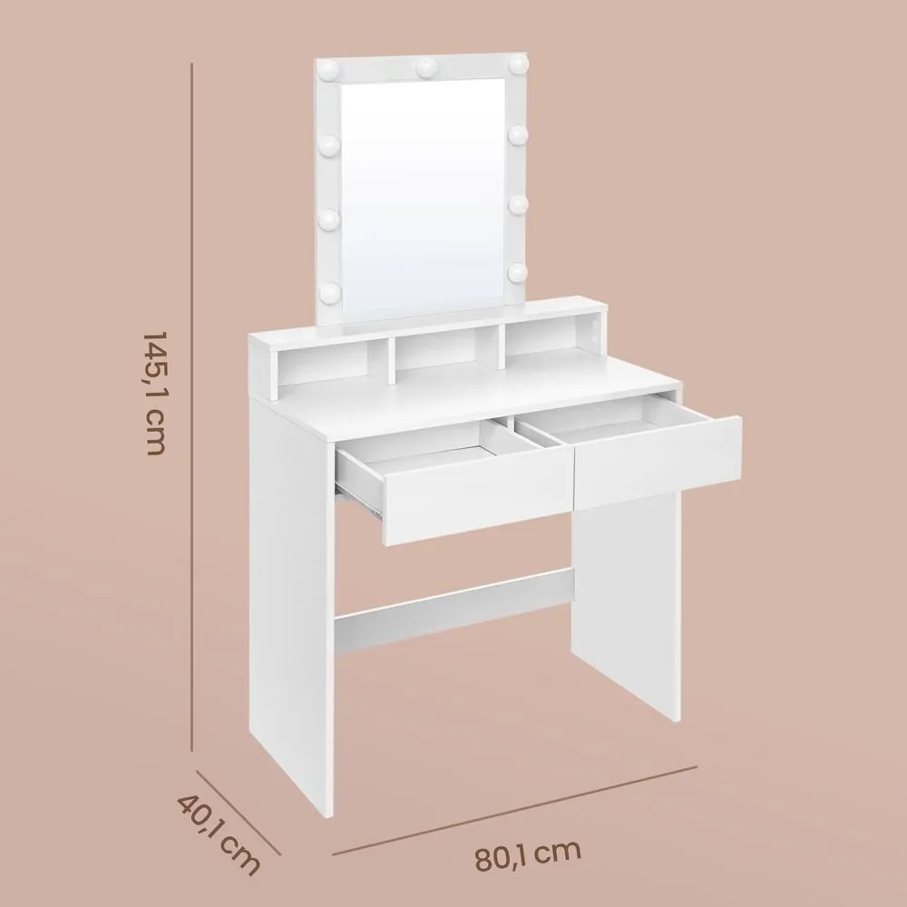 Toucador com iluminação LED 40 x 80 x 145 cm com espelho, 2 gavetas e 3 compartimentos abertos branco