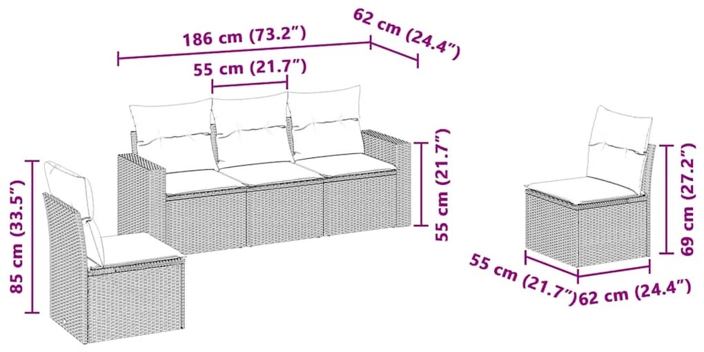 5 pcs conj. sofás jardim c/ almofadões vime PE cinzento-claro