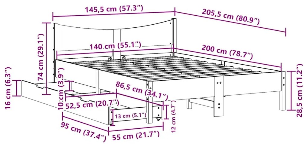 Estrutura de cama c/ gavetas 140x200 cm madeira de pinho maciça