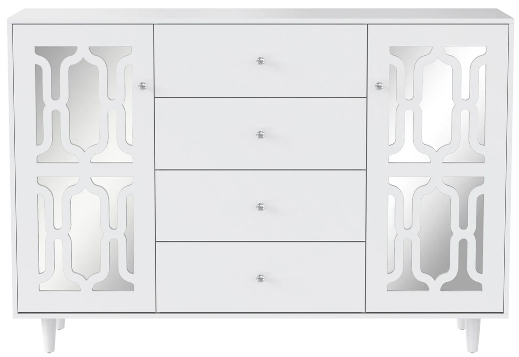 Armário de talheres espelhado branco com alças de cristal frio, adequado para salas de estar e jantar, 147,5Lx40Wx102cm, Branco