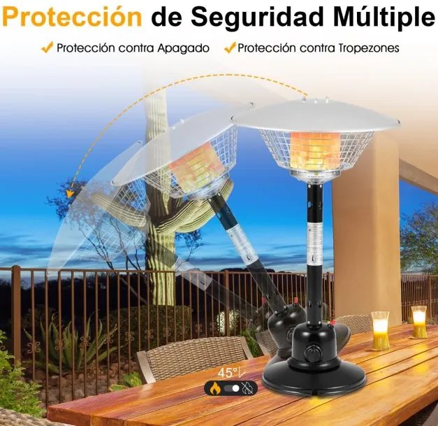 Aquecedor portátil de mesa de 90 cm para jardim a gás propano para exteriores com proteção contra tombamento e superaquecimento Preto