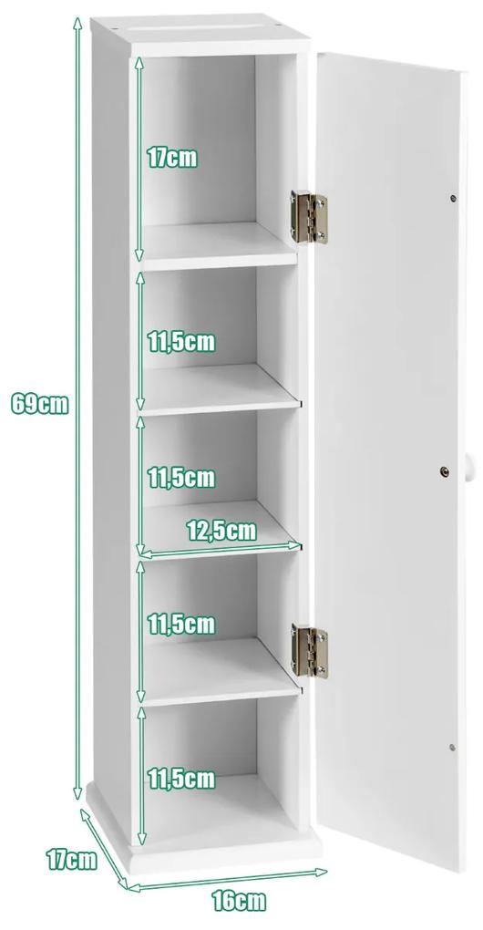 Armário de armazenamento vertical Papel higiénico e suporte de tecido 4 níveis Prateleiras para quarto de dormir Sala de estar 17 x 16 x 69 cm Branco