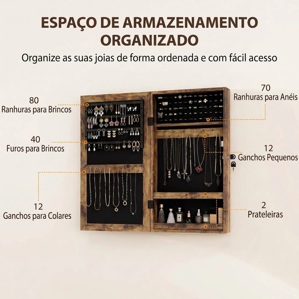 Espelho para Joias de Parede com Fechadura e Compartimentos para Parede ou Porta Castanho Rústico e Forro Preto