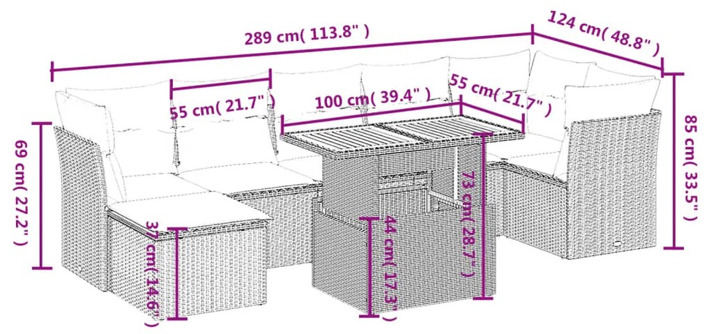8 pcs conjunto sofás de jardim com almofadões vime PE preto