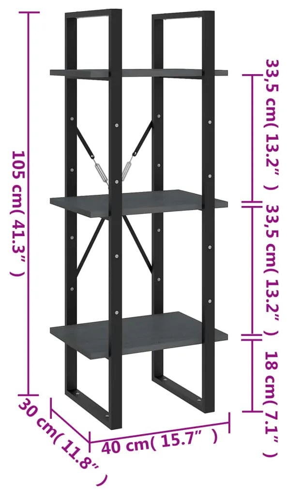 Estante c/ 3 prateleiras 40x30x105 cm pinho maciço cinzento