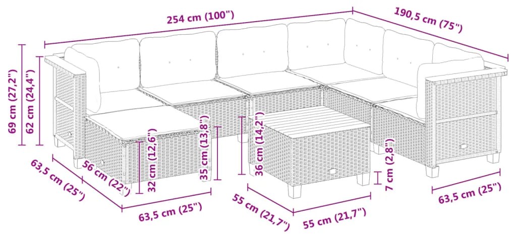 8 pcs conjunto sofás de jardim com almofadões vime PE preto