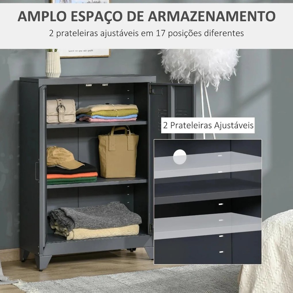 Armário de Metal de Armazenamento com Dupla Porta 2 Prateleiras com Altura Ajustável Armário Multiúso para Escritório Dormitório Garagem 75x33x110cm C