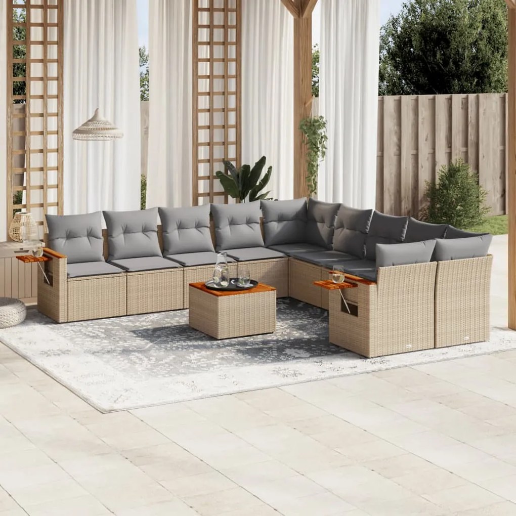 11 pcs conjunto sofás de jardim c/ almofadões vime PE bege