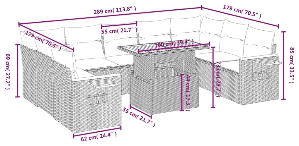 10 pcs conjunto sofás de jardim c/ almofadões vime PE preto