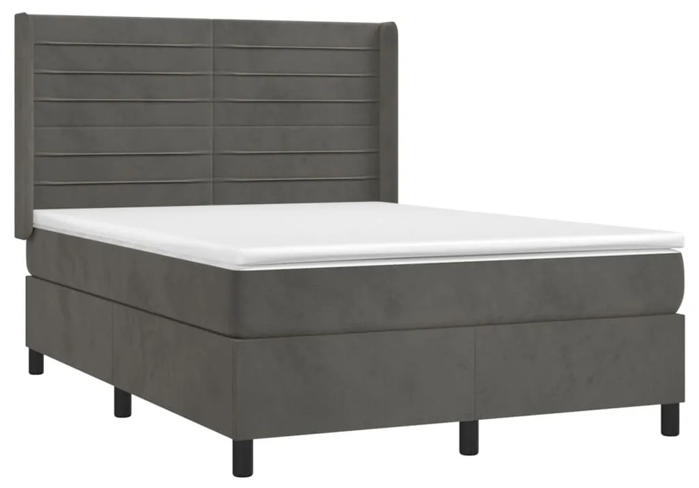 Cama box spring c/ colchão/LED 140x200cm veludo cinzento-escuro