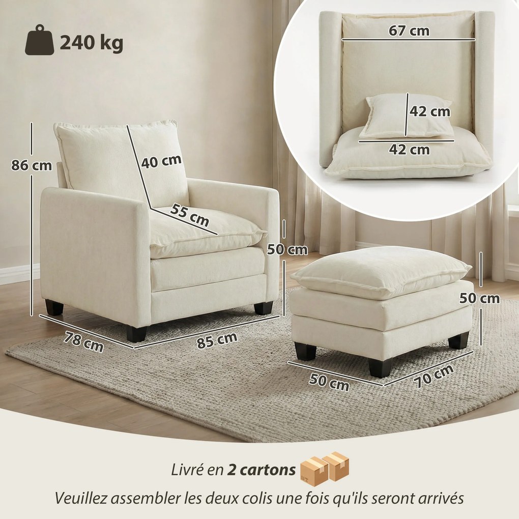 Poltrona de sala com apoio para os pés, sofá de 1 lugar em chenille, assento largo, estofamento de dupla camada, 85x128x86 cm, creme