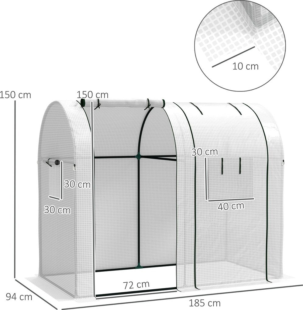 Estufa de jardim 185 x 94 x 150 cm de 1,8 m² para tomateiros, com 2 portas de correr com fecho de correr e 4 janelas enroláveis, em aço e PE 135 g/m²,