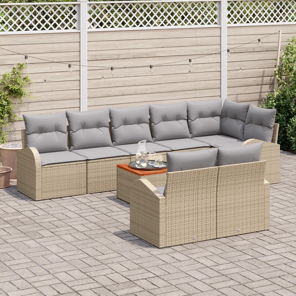 Conjunto de Sofá para Jardim de 9 Peças com Almofadas Bege Rattan Acác