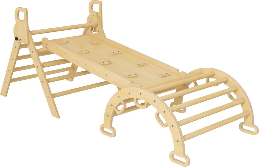 Triângulo de escalada 185 C x 66 L x 71 A cm infantil 5 em 1 com rampa de escalada reversível e balancé madeira natural
