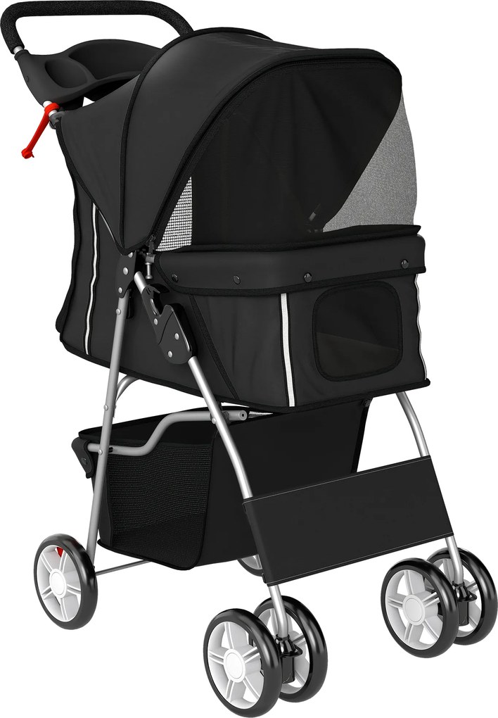 PawHut Carrinho Dobrável para Cães Pequenos com Cesta de Armazenamento Suportes para Copos Rodas e Almofada Lavável 77x44x102 cm Preto | Aosom Portugal