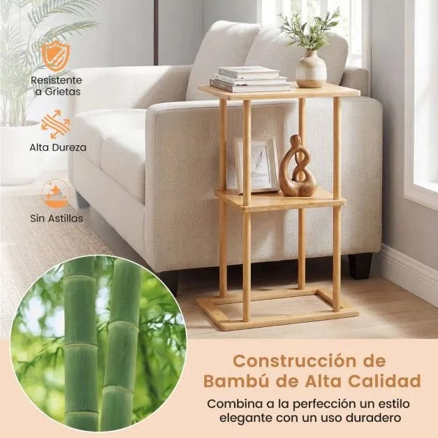 Conjunto de 2 mesas laterais retangulares de bambu 40 x 28 x 65 cm com prateleiras de arrumação para canto de sala de estar ou quarto Natural