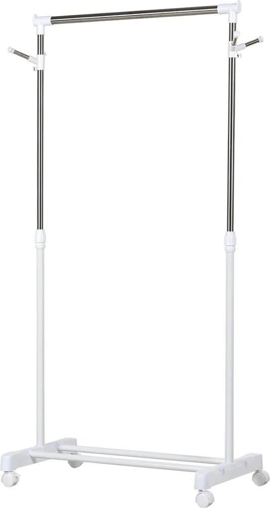 Charriot com Altura Ajustável Cabide com Rodas Portátil Prateleira Inferior Aço 68,5x42x87-145cm Branco e Prata