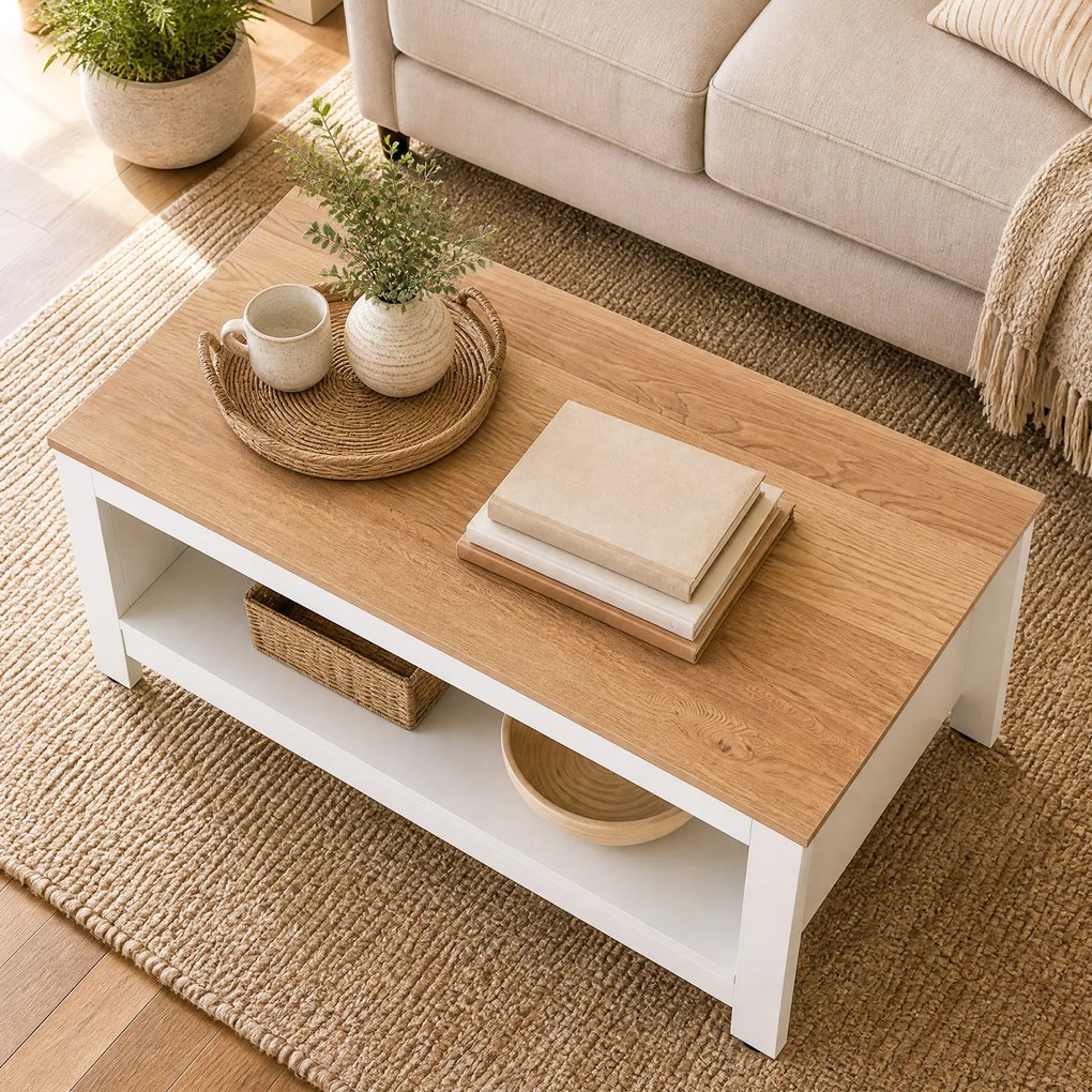 Mesa de Centro, 105 x 60 x 46 cm, Arrumação Dupla, Natural e Branco