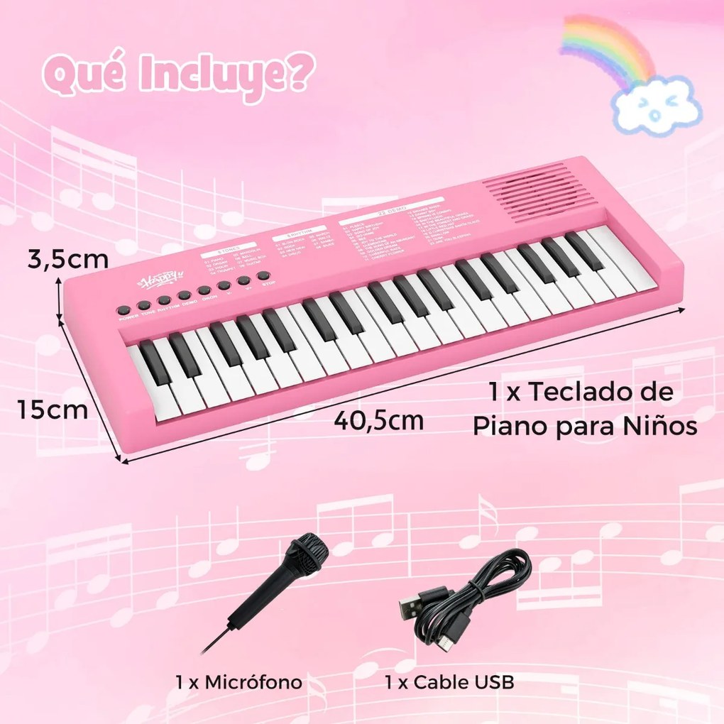 Teclado de piano para crianças elétrico portátil de 37 teclas com 8 ritmos, 8 tons e 22 demos Instrumento musical eletrónico rosa