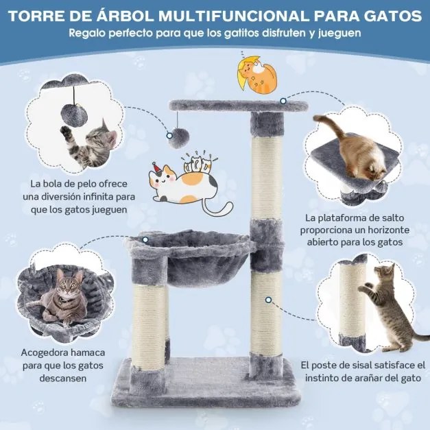 Arranhador para gatos de 64 cm com rede Postes de arranhar cobertos de sisal e bola de brincar Árvore de escalar para gatos cinzento