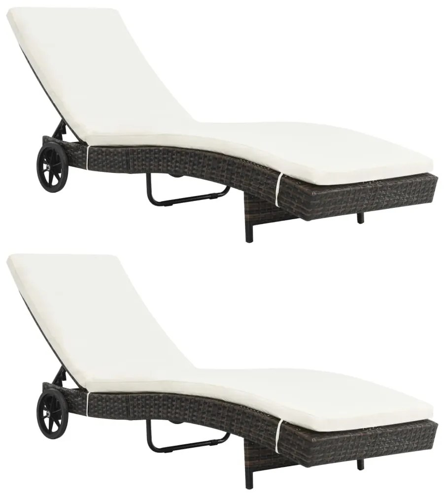 vidaXL Espreguiçadeiras com rodas e almofadões 2 pcs vime PE castanho