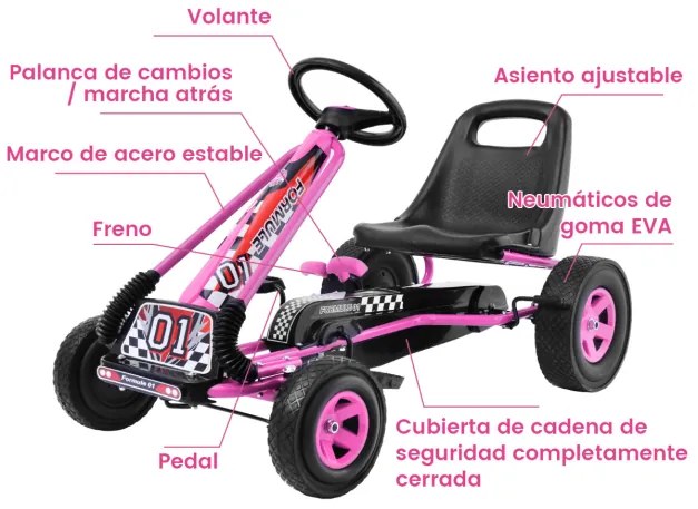 Carro de pedais para crianças de corrida de kart com rodas de borracha, embreagem e travão 98 x 59 x 61 cm rosa